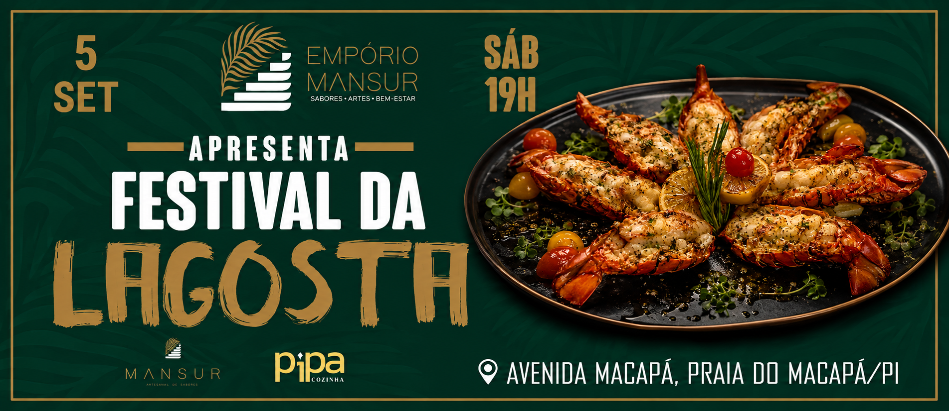 Festival da Lagosta no Empório Mansur, sábado, 5 de setembro de 2026, às 19 horas