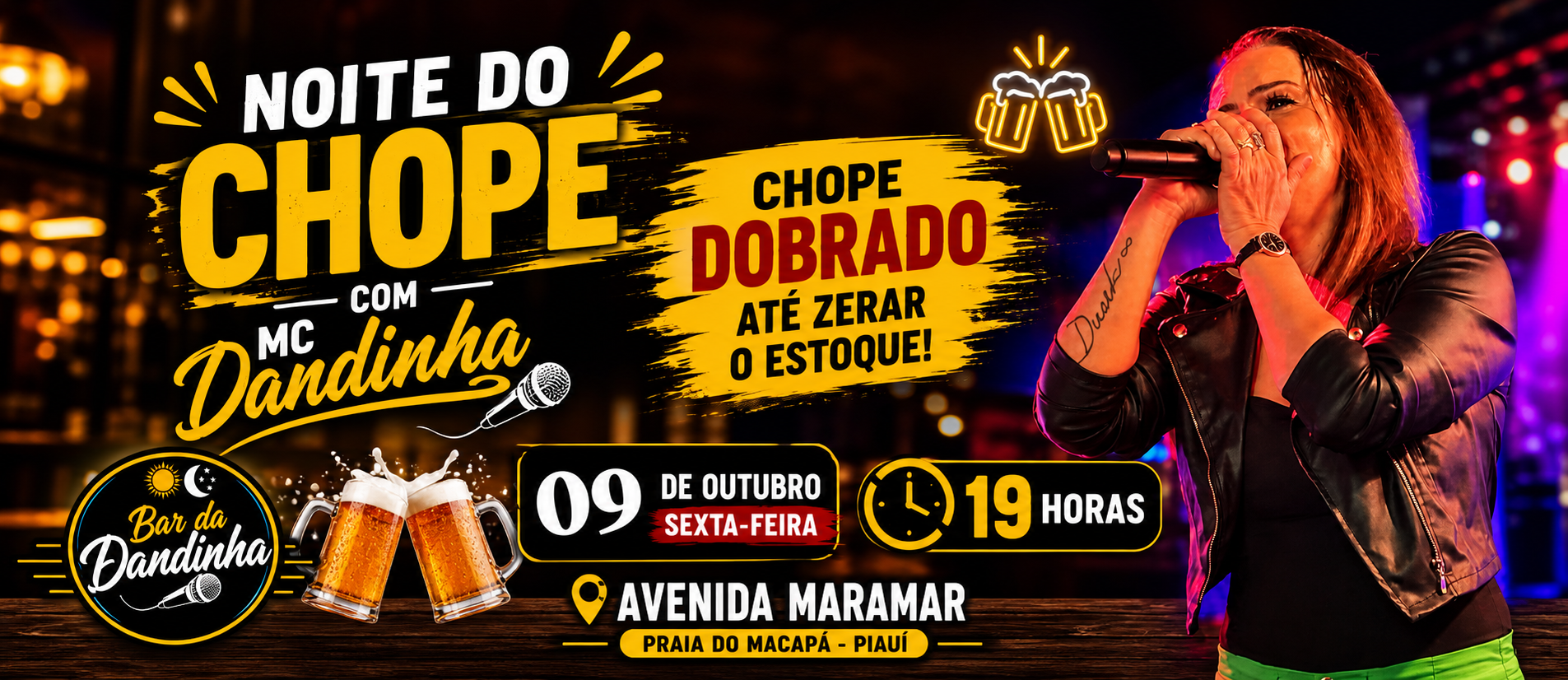 Noite do Chope com MC Dandinha, 9 de outubro de 2026, às 19 horas, no Bar da Dandinha